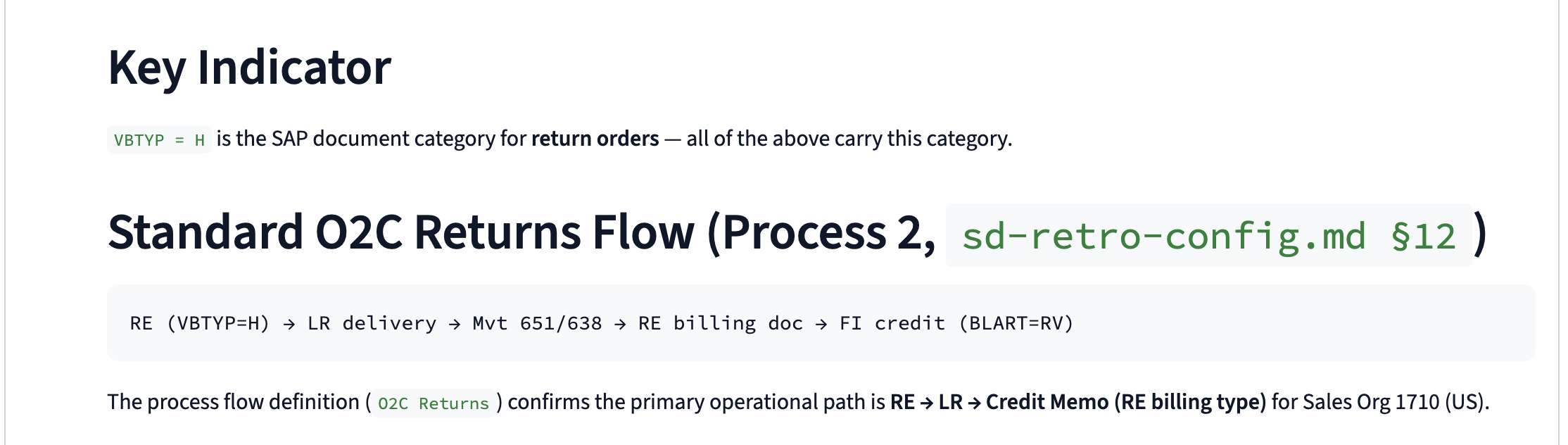 Chat — answer detail with standard O2C Returns flow and source reference
