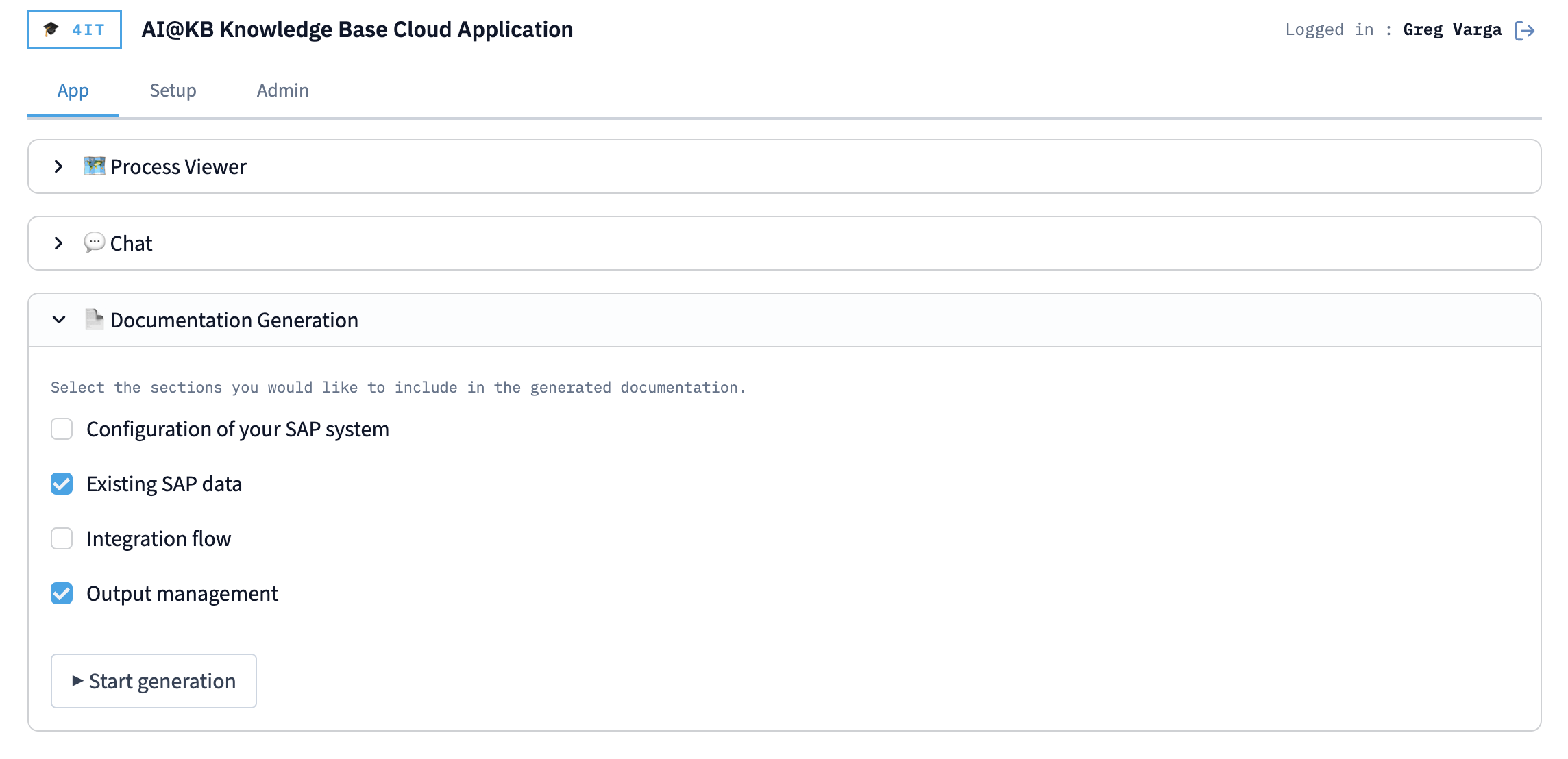 Documentation Generation — selecting content sections
